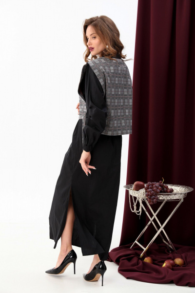 Платье-рубашка и манишка в комплекте, свободный крой NikVa 942-1 чёрный+серая клетка - фото 9