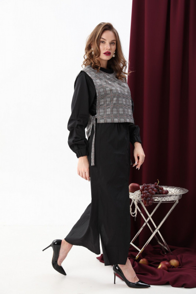 Платье-рубашка и манишка в комплекте, свободный крой NikVa 942-1 чёрный+серая клетка - фото 5