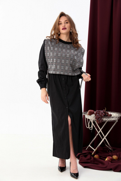 Платье-рубашка и манишка в комплекте, свободный крой NikVa 942-1 чёрный+серая клетка - фото 1