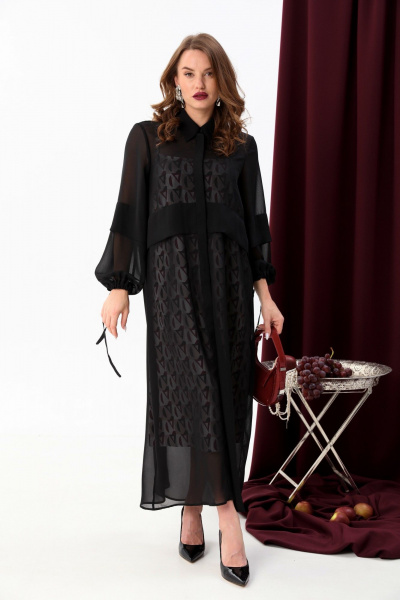 Платье с складками и комбинированным нижним платьем NikVa 943-1 чёрный+бургунди ромбы - фото 1