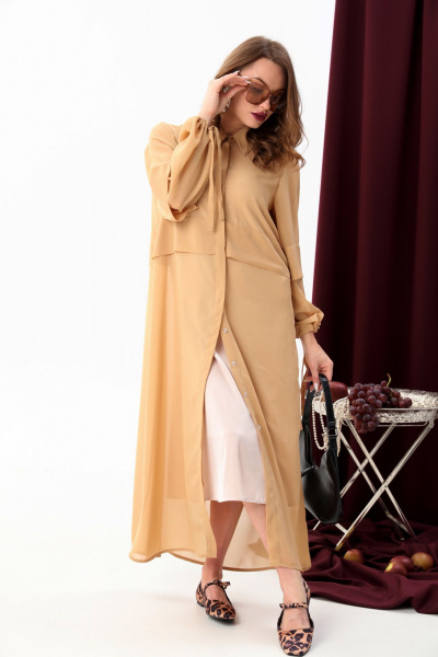 Платье с складками и рубашечным воротником, двухслойное NikVa 943-2 песок - фото 6