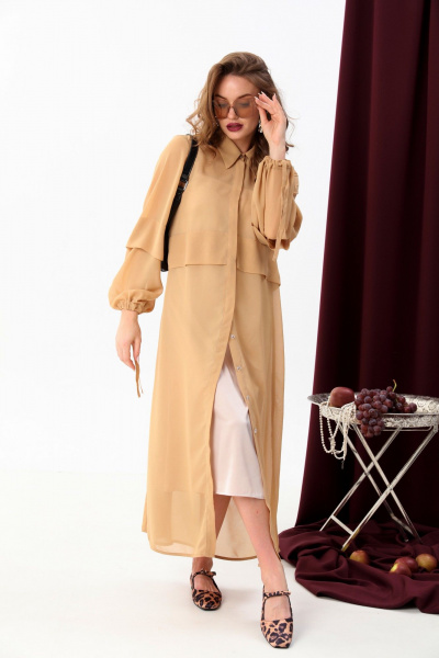Платье с складками и рубашечным воротником, двухслойное NikVa 943-2 песок - фото 4