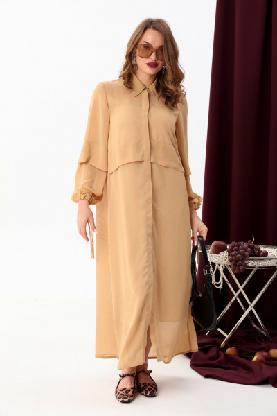 Кардиган с складками и рубашечным воротником из шифона NikVa 944-2 песок - фото 5