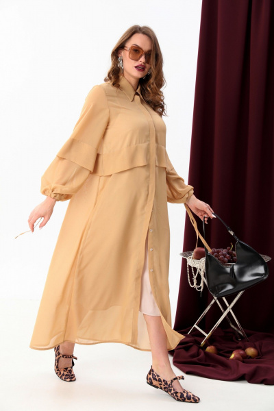 Кардиган с складками и рубашечным воротником из шифона NikVa 944-2 песок - фото 2