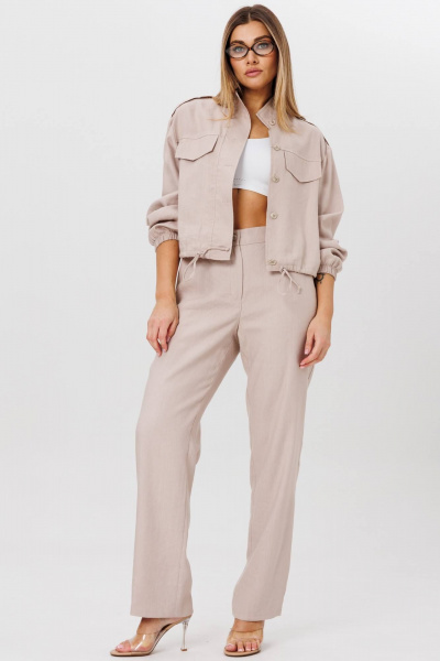 Деловой комплект бежевый леновый бомбер и брюки свободного силуэта AMIE by Ma Сherie 8010 бежевый - фото 3