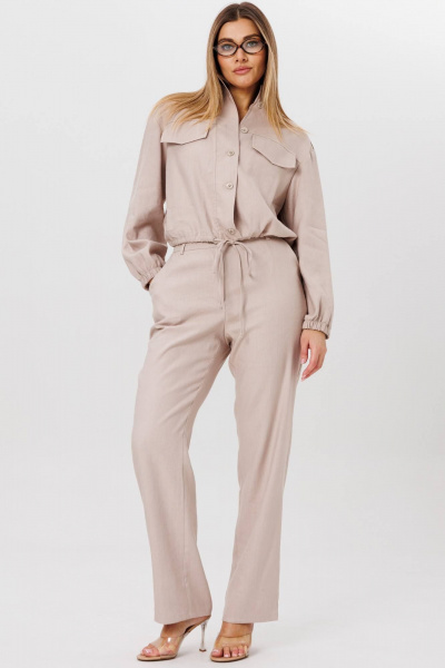 Деловой комплект бежевый леновый бомбер и брюки свободного силуэта AMIE by Ma Сherie 8010 бежевый - фото 1