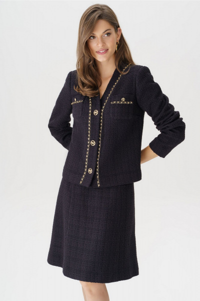 Черный твидовый костюм с жакетом и юбкой для делового стиля Urs 23-267-1 черный - фото 2