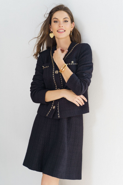 Черный твидовый костюм с жакетом и юбкой для делового стиля Urs 23-267-1 черный - фото 1