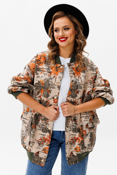 Бежевый текстильный бомбер с принтом для повседневного образа Urs 24-387-1 мультиколор - фото 9