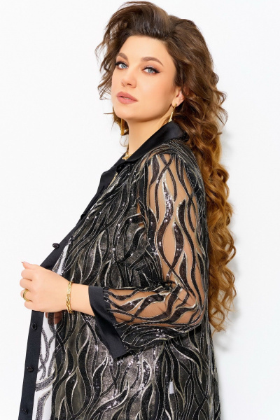 Нарядный черный кардиган на пуговицах с застежкой и стойкой воротником Fita 20257 черный+золото - фото 6