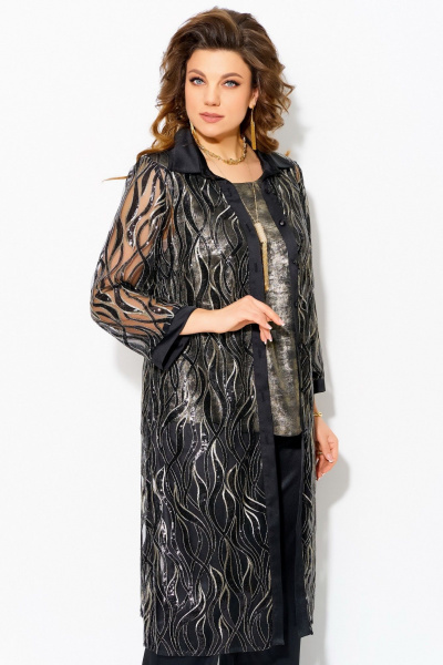 Нарядный черный кардиган на пуговицах с застежкой и стойкой воротником Fita 20257 черный+золото - фото 3