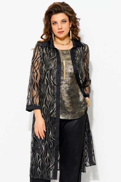 Нарядный черный кардиган на пуговицах с застежкой и стойкой воротником Fita 20257 черный+золото - фото 2