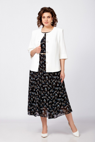 Черное платье с локальной тканью и расклешенной юбкой Swallow 814 черный/бежево-голубые_цветы - фото 9