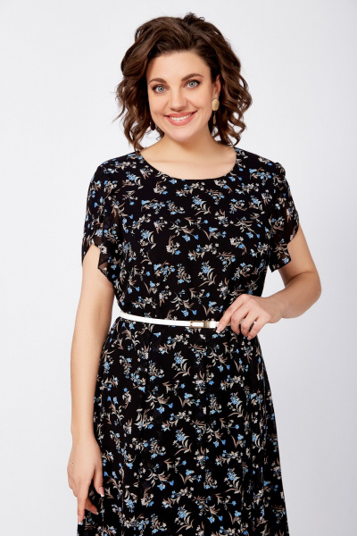 Черное платье с локальной тканью и расклешенной юбкой Swallow 814 черный/бежево-голубые_цветы - фото 8