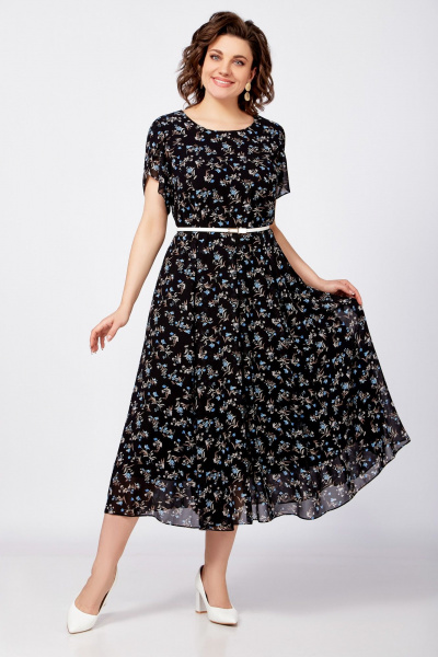 Черное платье с локальной тканью и расклешенной юбкой Swallow 814 черный/бежево-голубые_цветы - фото 3