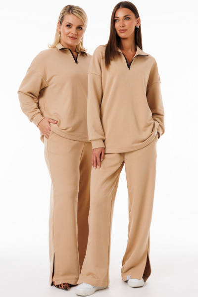 Бежевый спортивный костюм с брюками палаццо из трикотажа Kivviwear 42884132.10 - фото 1