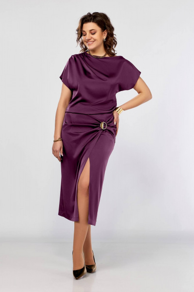 Шикарное фиолетовое платье с разрезом и ассиметричным кроем Ольга Стиль С-902 баклажан - фото 5