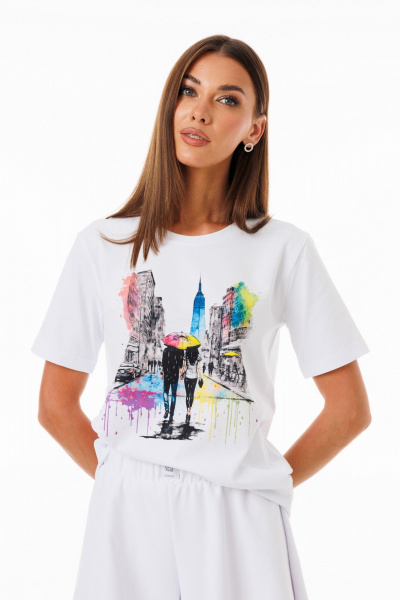 Белая футболка из хлопка с принтами и эластаном Kivviwear 4039.13 - фото 7
