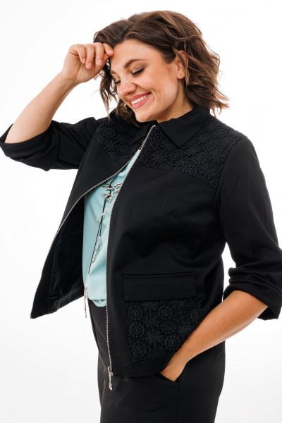 Демисезонный укороченный жакет с кружевом и элементами из пайеток Anelli 1285 черное_кружево - фото 5