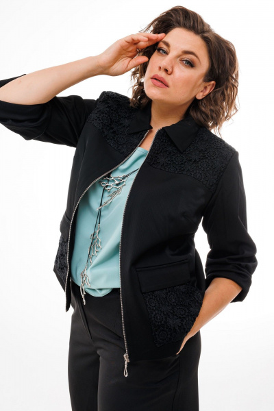 Демисезонный укороченный жакет с кружевом и элементами из пайеток Anelli 1285 черное_кружево - фото 2
