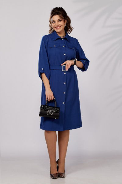 Деловое синее демисезонное платье с кокетками и рукавом Lady Secret 3768 василек - фото 7