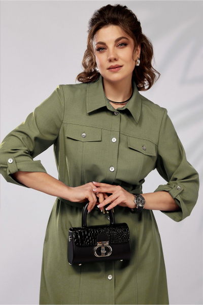 Платье свободного силуэта с кокетками и воротником на каждый день Lady Secret 3768 оливковый - фото 3