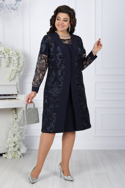 Нарядный костюм из кружева и ткань с платьем и кардиганом Ninele 5988 темно-синий - фото 1