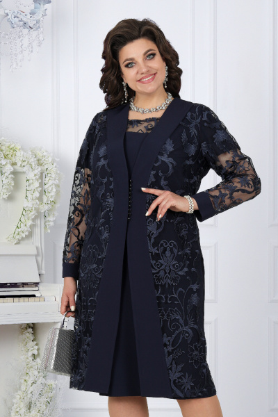Нарядный костюм из кружева и ткань с платьем и кардиганом Ninele 5988 темно-синий - фото 2