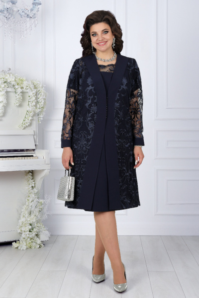 Нарядный костюм из кружева и ткань с платьем и кардиганом Ninele 5988 темно-синий - фото 4