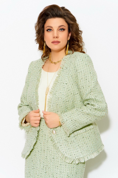 Трехпредметный деловой комплект с жакетом и юбкой из твида Fita 4051 зеленый - фото 7