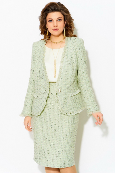 Трехпредметный деловой комплект с жакетом и юбкой из твида Fita 4051 зеленый - фото 5