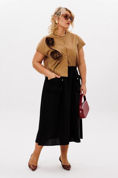 Бежево-черный комплект: блуза и миди юбка с карманами LM К5026 - фото 4
