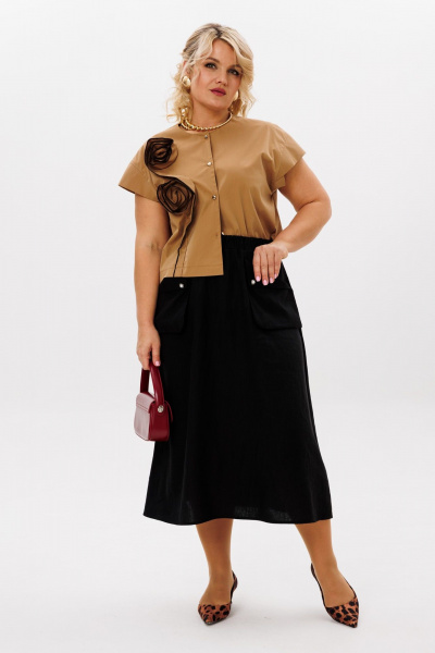 Бежево-черный комплект: блуза и миди юбка с карманами LM К5026 - фото 3