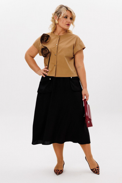 Бежево-черный комплект: блуза и миди юбка с карманами LM К5026 - фото 2
