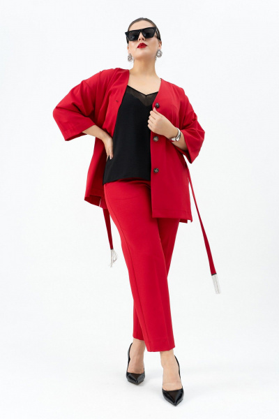 Красный жакет с поясом, брюки и топ для любого мероприятия Andina 3005 малина/черный - фото 15