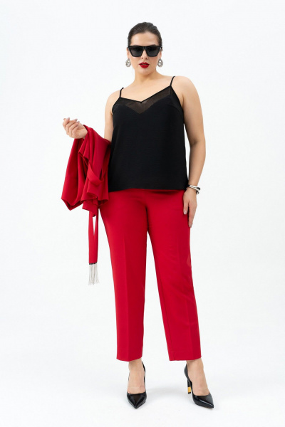 Красный жакет с поясом, брюки и топ для любого мероприятия Andina 3005 малина/черный - фото 14