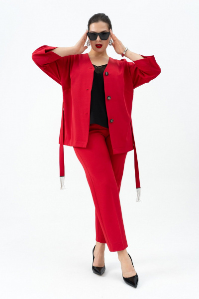 Красный жакет с поясом, брюки и топ для любого мероприятия Andina 3005 малина/черный - фото 9