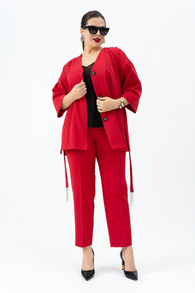 Красный жакет с поясом, брюки и топ для любого мероприятия Andina 3005 малина/черный - фото 8