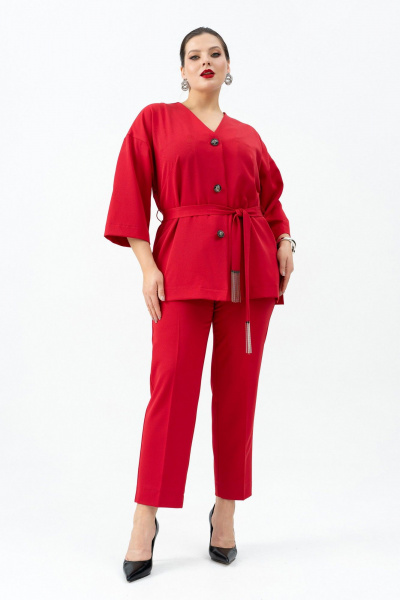 Красный жакет с поясом, брюки и топ для любого мероприятия Andina 3005 малина/черный - фото 1