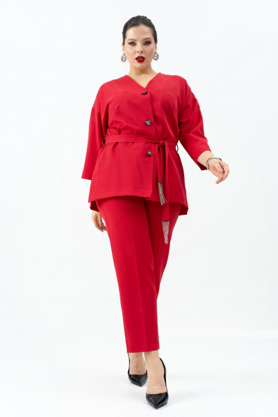 Красный жакет с поясом, брюки и топ для любого мероприятия Andina 3005 малина/черный - фото 7
