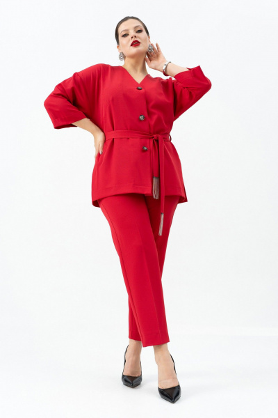 Красный жакет с поясом, брюки и топ для любого мероприятия Andina 3005 малина/черный - фото 5