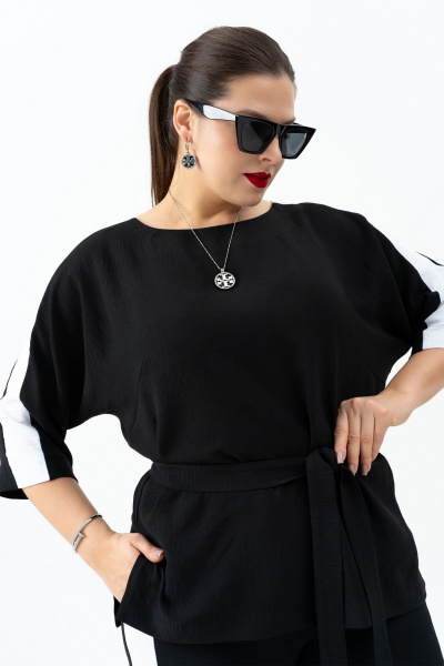 Черный брючный костюм с туникой и контрастными вставками Andina 972 черный/белый - фото 8