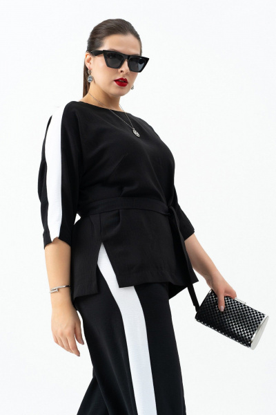 Черный брючный костюм с туникой и контрастными вставками Andina 972 черный/белый - фото 5