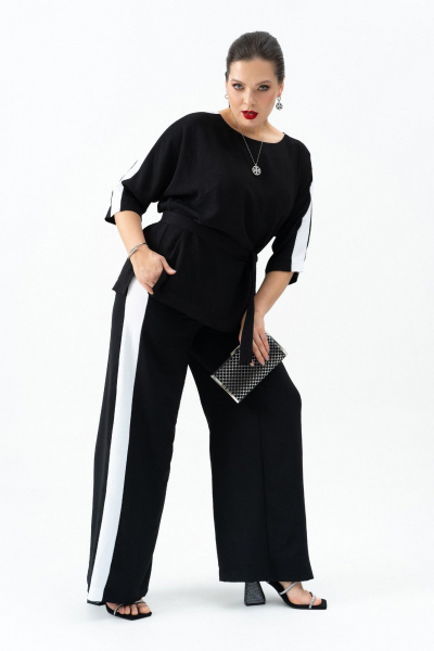 Черный брючный костюм с туникой и контрастными вставками Andina 972 черный/белый - фото 3