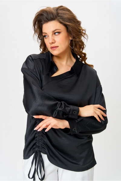 Классическая ассиметричная рубашка с драпировкой и коротким рукавом Danaida 2258 черный_атлас - фото 8