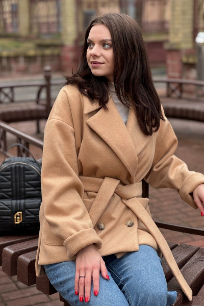 Полупальто свободного силуэта с асимметричным краем и поясом S.O.L O Me М-1688 песочный - фото 1