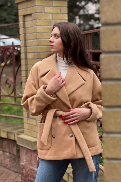 Полупальто свободного силуэта с асимметричным краем и поясом S.O.L O Me М-1688 песочный - фото 2