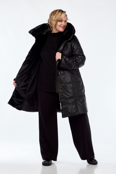 Черное демисезонное пальто с капюшоном и рельефными швами Диомант 2040 черный - фото 7