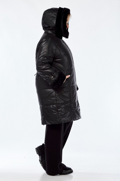 Черное демисезонное пальто с капюшоном и рельефными швами Диомант 2040 черный - фото 3