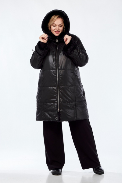 Черное демисезонное пальто с капюшоном и рельефными швами Диомант 2040 черный - фото 2